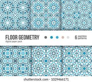 Digital paper pack, set of 6 abstract seamless patterns. Abstract geometric backgrounds. Vector illustration. Portuguese floor tiles design.