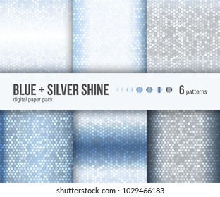 Digital paper pack, set of 6 abstract seamless patterns. Abstract geometric backgrounds. Vector illustration. Luxury metallic backgrounds. Blue, white and silver foil