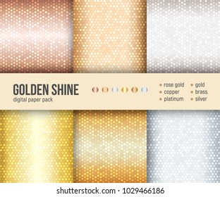 Digital paper pack, set of 6 abstract seamless patterns. Abstract geometric backgrounds. Vector illustration. Luxury metallic backgrounds.Golden and silver foil