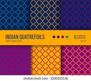 Digital paper pack, set of 6 abstract seamless patterns. Abstract geometric backgrounds. Vector illustration. Traditional quatrefoil pattern.