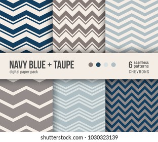 Digital paper pack, set of 6 abstract seamless patterns. Abstract geometric backgrounds. Vector illustration. Traditional minimal chevron pattern, navy blue and taupe brown colors.