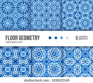 Digital paper pack, set of 6 abstract seamless patterns. Abstract geometric backgrounds. Vector illustration. Portuguese floor tiles design. Floor cement tiles collection.