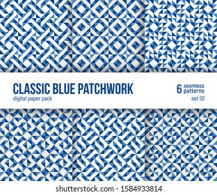 Digital paper pack, set of 6 abstract seamless patterns. Abstract geometric backgrounds. Vector illustration. Classic blue patchwork textures.