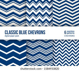 Digital paper pack, set of 6 abstract seamless patterns. Abstract geometric backgrounds. Vector illustration. Traditional minimal chevron pattern, classic navy blue and taupe brown colors.