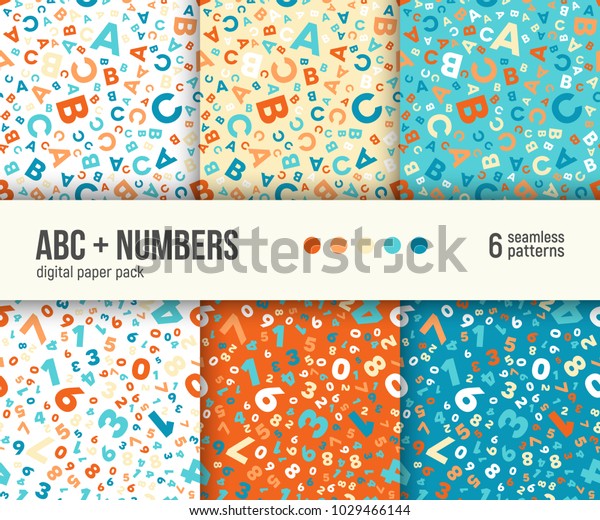 6つの抽象的なシームレスなパターンから成るデジタル紙パック 抽象的な幾何学的な背景 ベクターイラスト 子ども教育のabcと数学の背景 のベクター画像素材 ロイヤリティフリー 1029466144