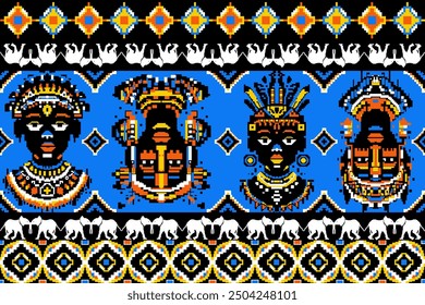 Digital paper, pixel art, African American tribal fabric pattern, bright colors, continuous pattern