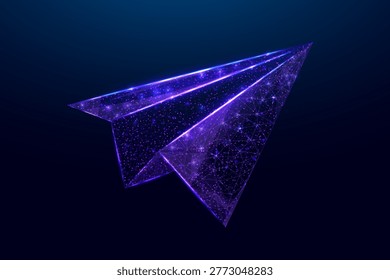 Digital paper plane wireframe with glowing polygonal lines. Modern aviation concept in futuristic low-poly technology style for abstract backgrounds and icons. Vector illustration.