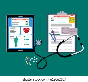 The digital and paper tablet with stethoscope and pills vector illustration. 