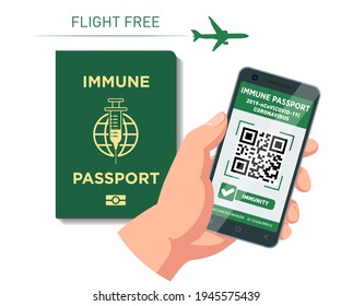 Digital and paper Vaccination immune passport for flight. Safety travel after the Covid-19 pandemic. Vector on transparent background