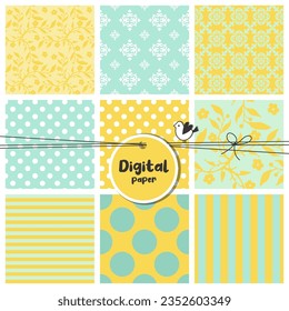 Digital papers, Set of seamless patterns, flowers, dots, stripes, blue and yellow combination