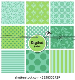 Digital papers, Set of seamless patterns, flowers, dots, stripes
