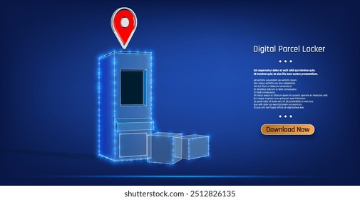 Digital parcel locker with holographic design and delivery boxes set against a blue background promoting secure package retrieval
