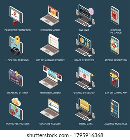 Digital parental control isometric icons set with separate account password protection time limit forbidden videos vector illustration 