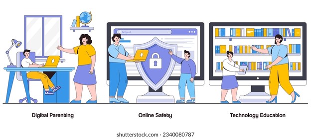 Digital Parenting, Online Safety, Technology Education Concept with Character. Digital Family Abstract Vector Illustration Set. Guidance, Monitoring, Healthy Digital Habits Metaphor.