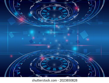 Digital particle of high computer. Futuristic Sci-Fi glowing HUD frame. Data engineer. Abstract hologram hi-tech background. Virtual reality holographic of projector
