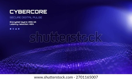 Digital particle wave on blue gradient. Secure data transmission abstract background. Global network and technology concept.