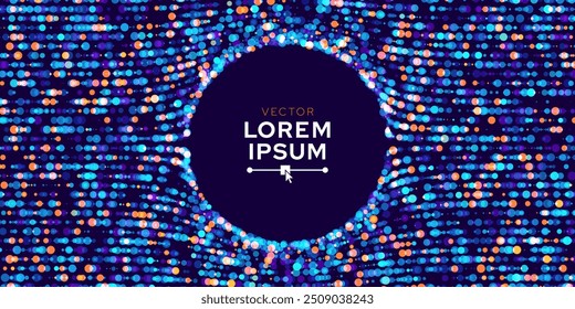Digital Particles Dots Flowing Around Circle in the Center. Hi-Tech Digital Banner Background with Space for Text. Big Data Flow Visualization Cyberspace. Vector illustration. 