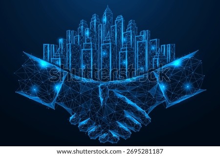 Digital partnership. A handshake from which the buildings of a modern city grow. The concept symbolizes the future of smart cities built on collaboration and partnership.
