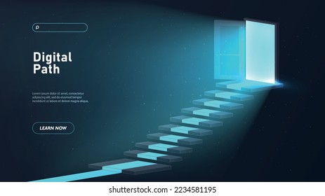 Digital path concept. Blue virtual staircase to door, modern technology and digital world, cyberspace. Metaphor for metaverse and landing webpage design. Cartoon isometric vector illustration