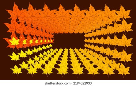 Digital pattern of colorful Fallen yellow orange red maple leaves isolated on dark brown background. Bright acer leaf. Autumn color template. Poster. Flyer. Card. Rectangular border frame. Fall season