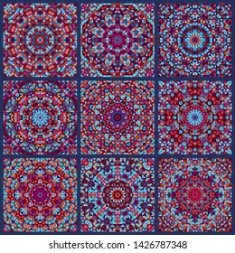 Digital pattern of ethnic Indian patchwork background. Seamless wallpaper. Native culture tradition pottery ornament. Mosaic color ceramic tile print pattern