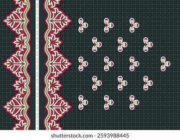 A digital pattern featuring a decorative border and scattered floral motifs on a grid background, ideal for wallpaper, textile, gift wrapping.