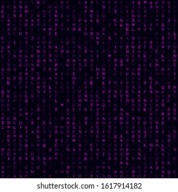 Digital pattern. Magenta filled alphabet seamless pattern. Radiant background. Powerful vector illustration.