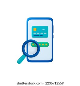 Digital pay security 3d concept. Smartphone banking app or payment form. Magnifying glass look password. Credit debit card online, vector business icon