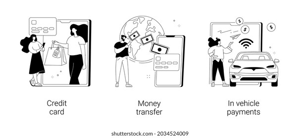 Digital payment abstract concept vector illustration set. Credit card, money transfer, in vehicle payments, online cashback service, bank transaction, drive-through purchase abstract metaphor.