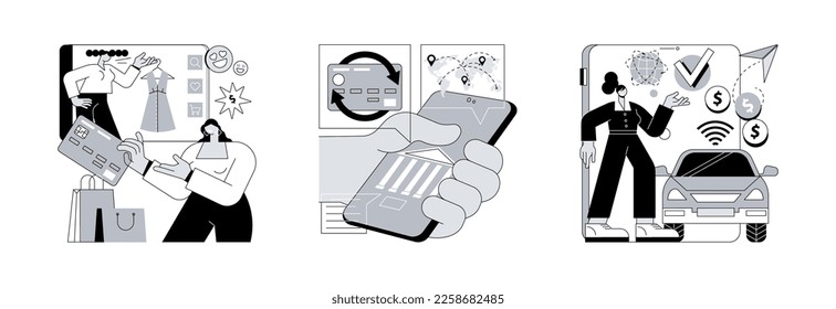 Digital payment abstract concept vector illustration set. Credit card, money transfer, in vehicle payments, online cashback service, bank transaction, drive-through purchase abstract metaphor.