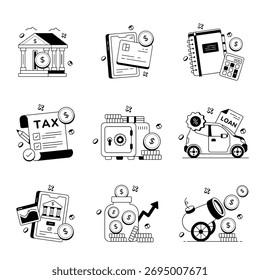 Pago digital, cajero automático y transacción en línea Doodle Vector Icons Set 2