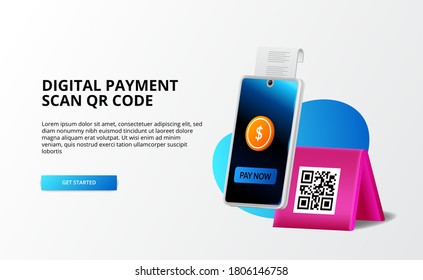 Digital payment, Cashless concept. pay with phone and scan qr code, digital banking and money 3d illustration concept for landing page template