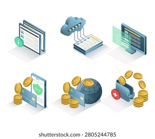 Digital Payment and Cloud Finance Icons Set Featuring Online Transactions Secure Wallet Top Up Global Payment and Data Synchronization