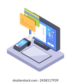Digital payment concept with cards popping out of a computer monitor, isometric style on plain background, 3d vector illustration