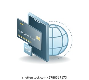 Digital payment concept with credit card and globe. Modern design highlights global transactions. 