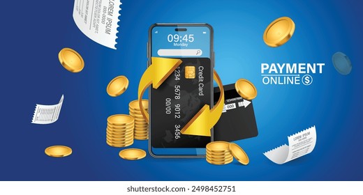 digital payment concept featuring  smartphone, credit card, and gold coins, highlighting the convenience of online transactions. Receipts and currency symbols emphasize modern financial technology