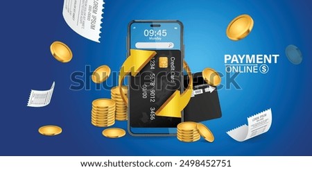digital payment concept featuring  smartphone, credit card, and gold coins, highlighting the convenience of online transactions. Receipts and currency symbols emphasize modern financial technology