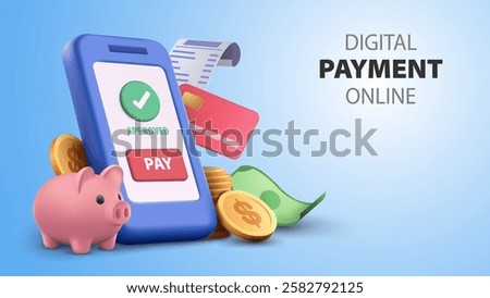 digital payment concept featuring a smartphone displaying approved payment, piggy bank coins and credit card representing online shopping online transactions mobile payment. 3D vector illustration