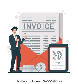 Ilustración de concepto de pago digital con código QR, transferencia de dinero, Factura, compras en línea, banca móvil en estilo de Vector de diseño plano que representa Tecnología financiera moderna y transacciones