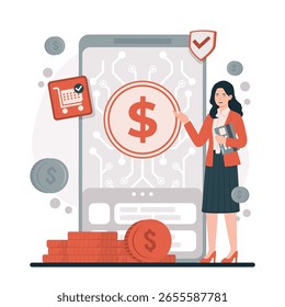 Ilustración de concepto de pago digital con código QR, transferencia de dinero, Factura, compras en línea, banca móvil en estilo de Vector de diseño plano que representa Tecnología financiera moderna y transacciones