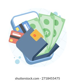 Ilustración de concepto de pago digital que muestra el teléfono inteligente y la cartera con tarjetas de pago y efectivo. Adecuado para pagos móviles, fintech, banca en línea y temas de tecnología financiera.