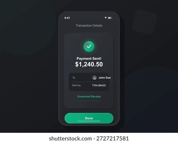 Digital payment confirmation displayed on a smartphone. The screen shows the amount sent, recipient name, and reference number clearly.