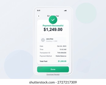Una confirmación de pago digital muestra una transacción exitosa de $1,249. La pantalla muestra detalles como la fecha, la hora y el método de pago con una billetera móvil.