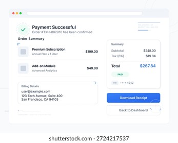 Una confirmación de pago digital muestra un resumen de una Suscripción premium y un módulo adicional. Incluye los datos de facturación y el importe total pagado por el usuario.