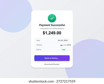 Digital payment confirmation shows transaction ID, date, method, amount of $1,249, and status marked as paid on a simple background with abstract shapes.