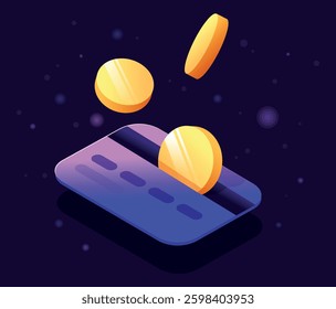 Digital payment with credit card and coins in futuristic style