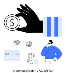 Digital payment, e-commerce, financial services, business strategy, cashless transactions, mobile banking. Coin in hand, card payment thoughtful individual. Online payments and financial services