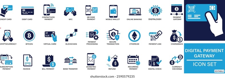 Digital Payment Gateway icon set Credit Card, Debit Card, Contactless Payment, NFC, QR Code Payment, Mobile Wallet, Online Banking, Cryptocurrency, Bitcoin You can easily change the color.