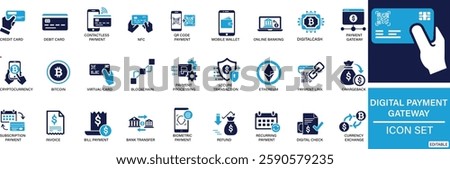 Digital Payment Gateway icon set Credit Card, Debit Card, Contactless Payment, NFC, QR Code Payment, Mobile Wallet, Online Banking, Cryptocurrency, Bitcoin You can easily change the color.