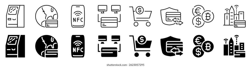 Digital payment and global banking icon set. Linear and silhouette style.